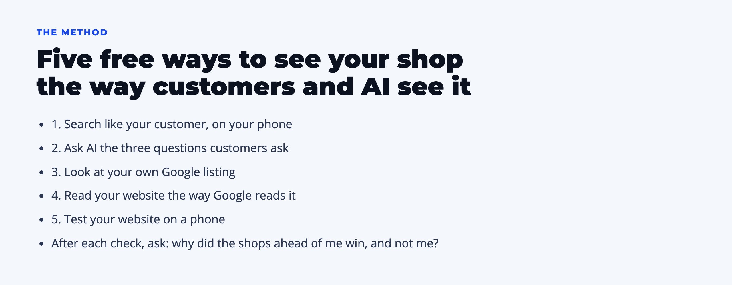 A teaching slide: Five free ways to see your shop the way customers and AI see it