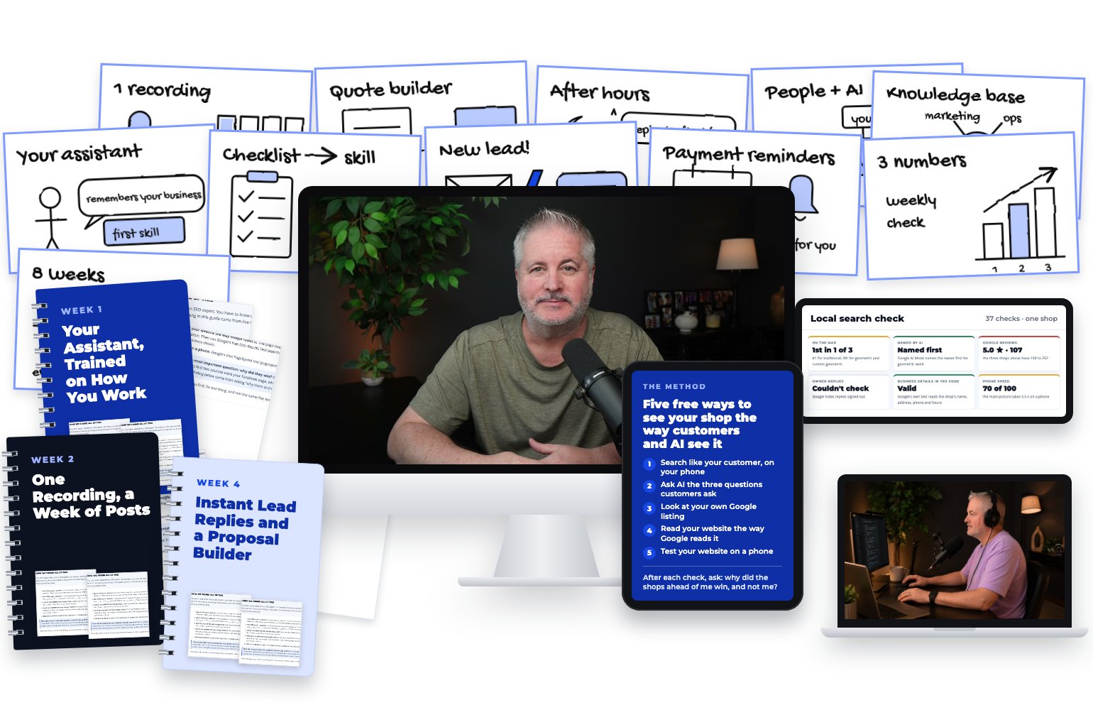 AI for Business: BG teaching on a big screen, workbooks for Week 1 Your Assistant, Week 2 One Recording a Week of Posts and Week 4 Instant Lead Replies, hand-drawn lesson sheets for each week, a method slide, local search check results, and BG at work on a laptop
